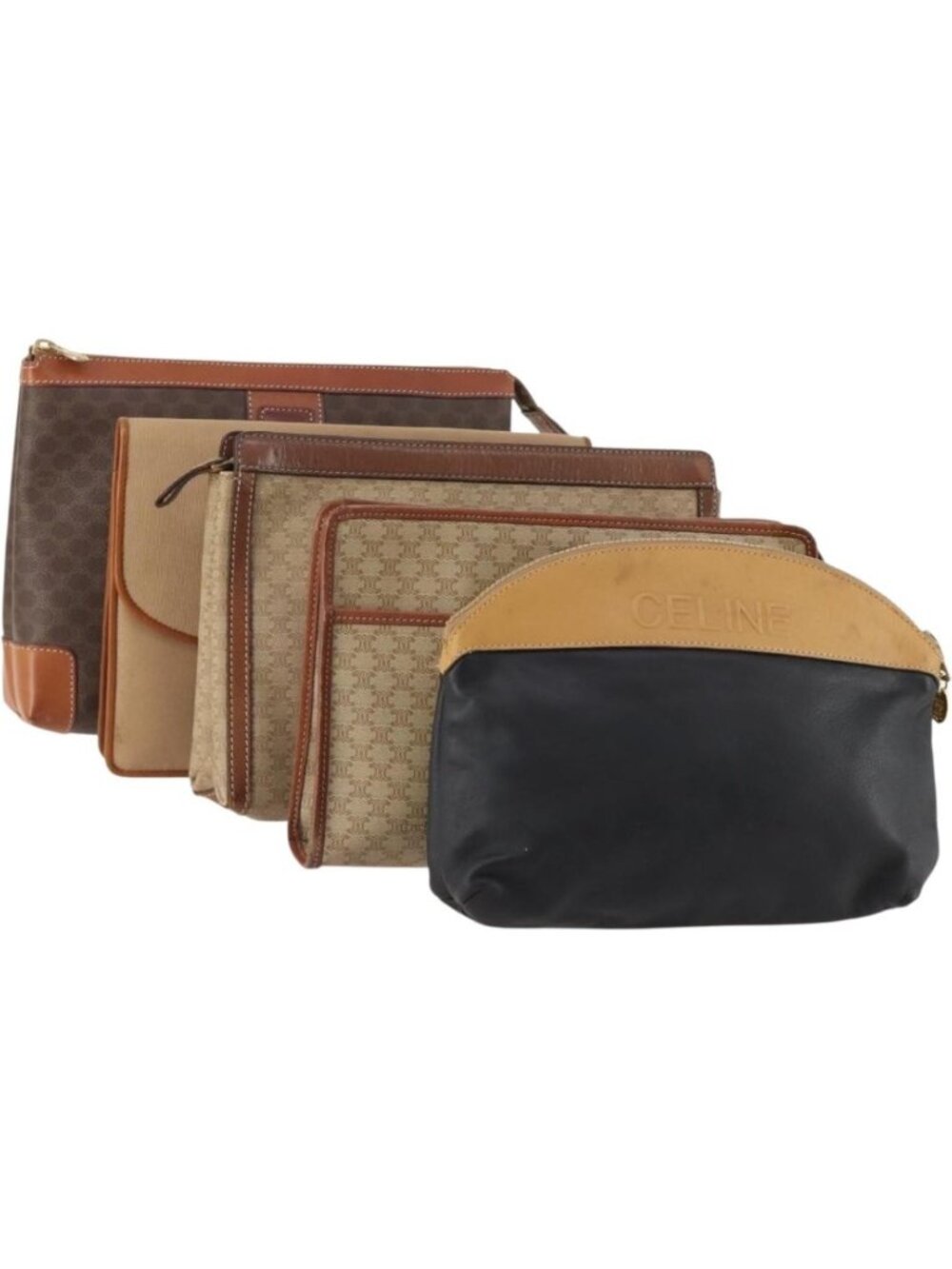 CELINE Macadam Canvas Clutch Bag PVC Leather 5 Set Brown Black beige
